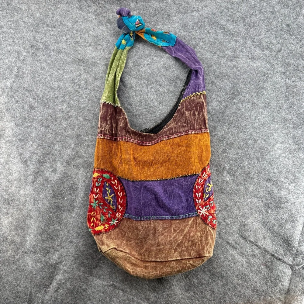 Made in Nepal Boho Patchwork Hobo Bag‎ Womens Multicolor Peace Sign Embroidery